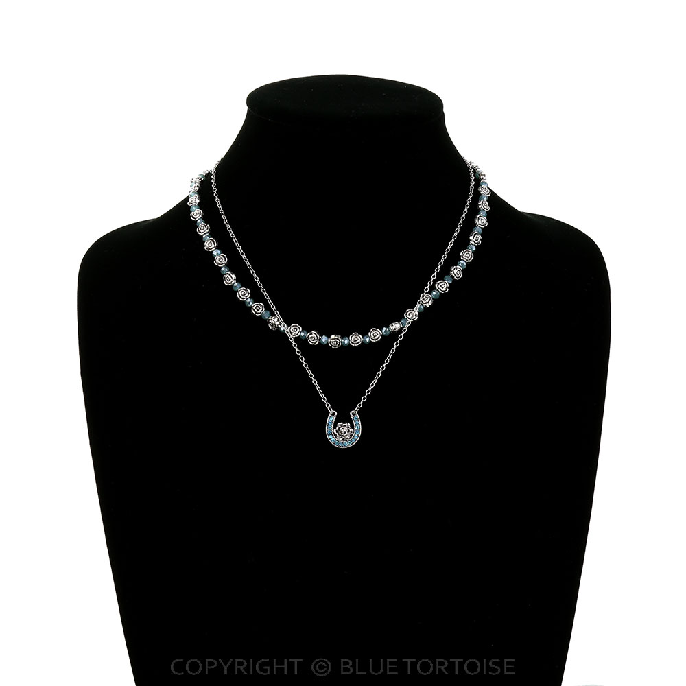 Horseshoe & Roses Mixed Bead 2 Layer Necklace - Image 2