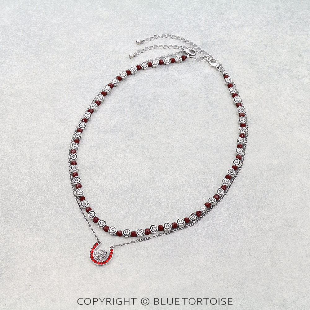 Horseshoe & Roses Mixed Bead 2 Layer Necklace