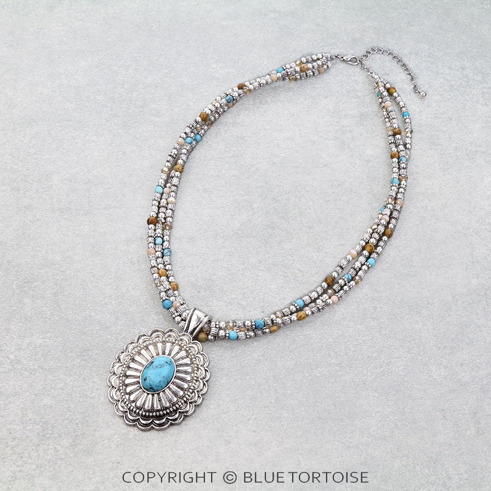 Western Concho Pendant Mixed Bead Necklace