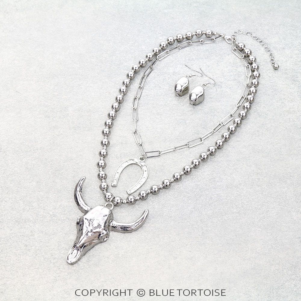 Western Steer Skull Pendant Necklace Set
