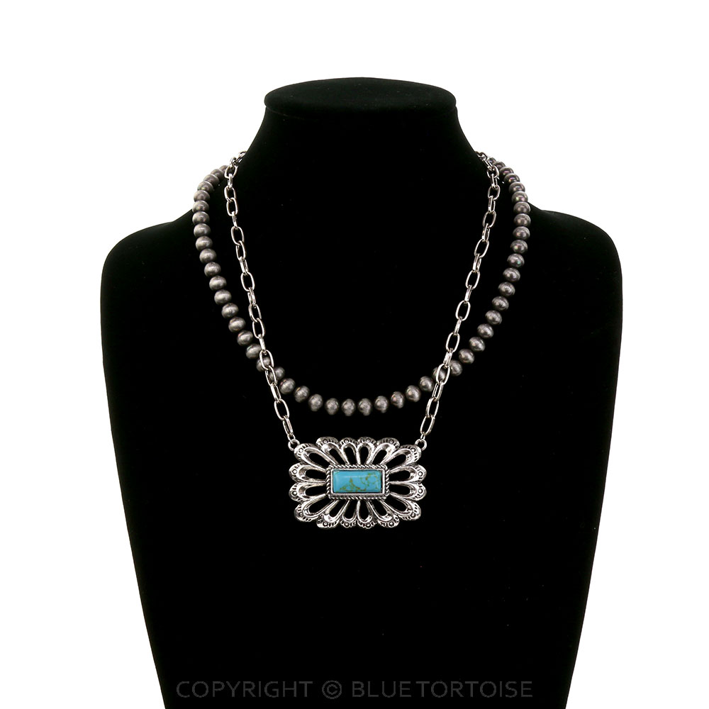 2 Layered Navajo Style Pearl & Stone Bar Necklace - Image 2