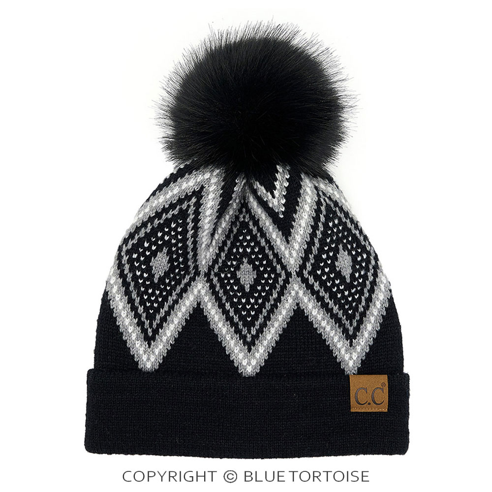 C.C Diamond Geometric Pattern Pom Beanie
