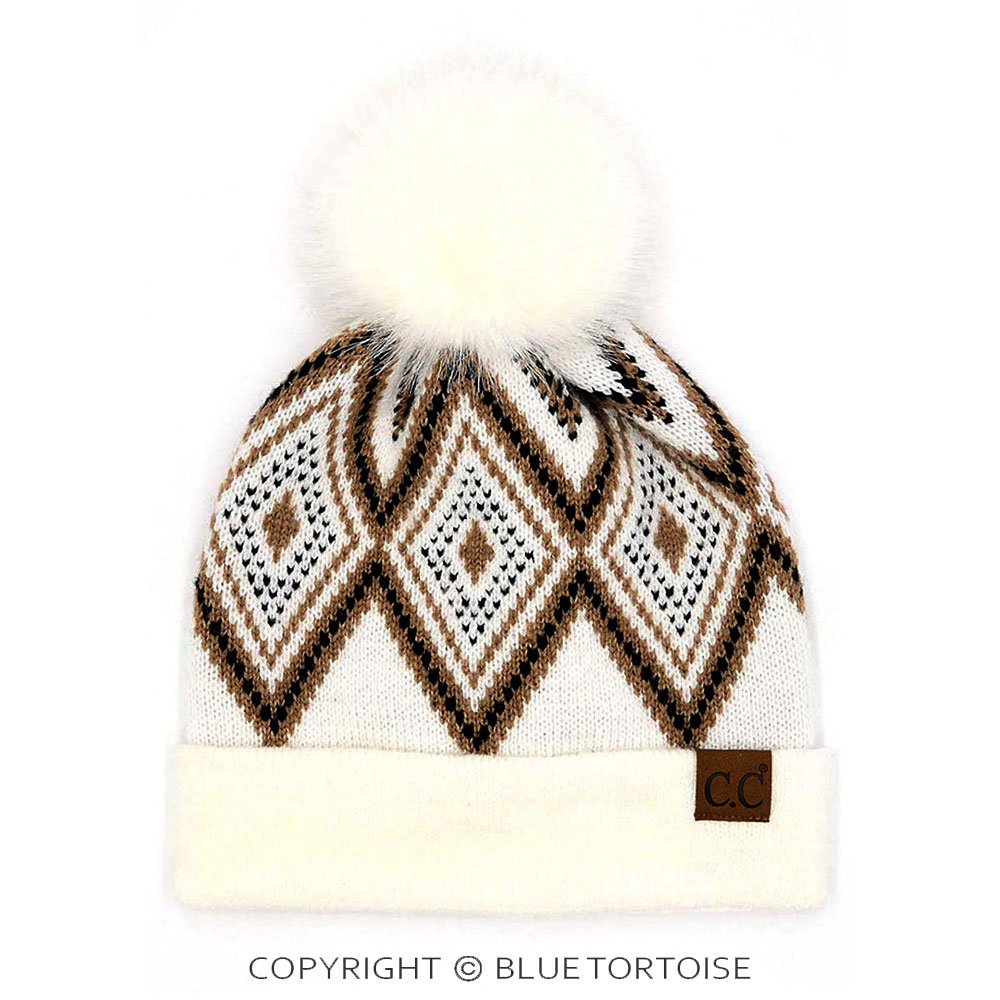 C.C Diamond Geometric Pattern Pom Beanie