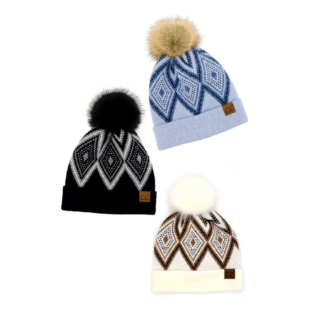 C.C Diamond Geometric Pattern Pom Beanie - Image 2