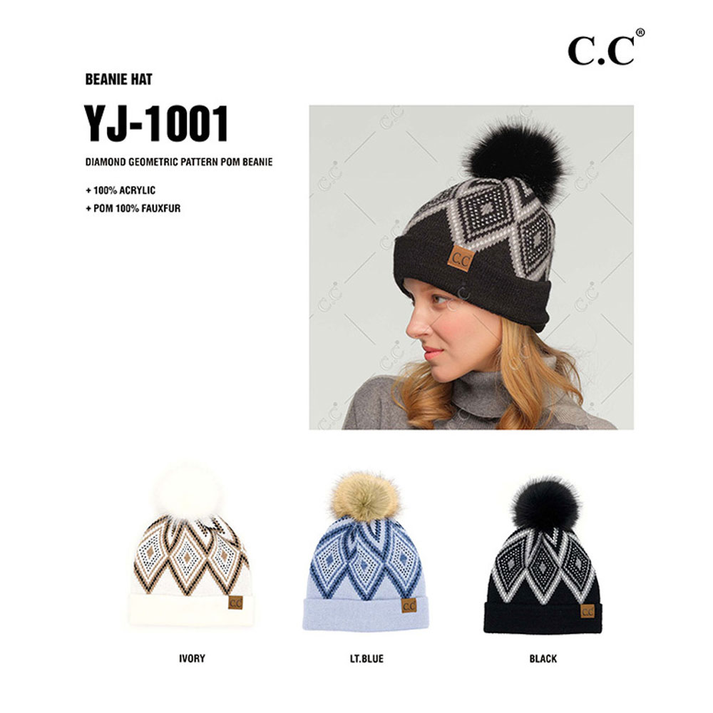 C.C Diamond Geometric Pattern Pom Beanie - Image 3