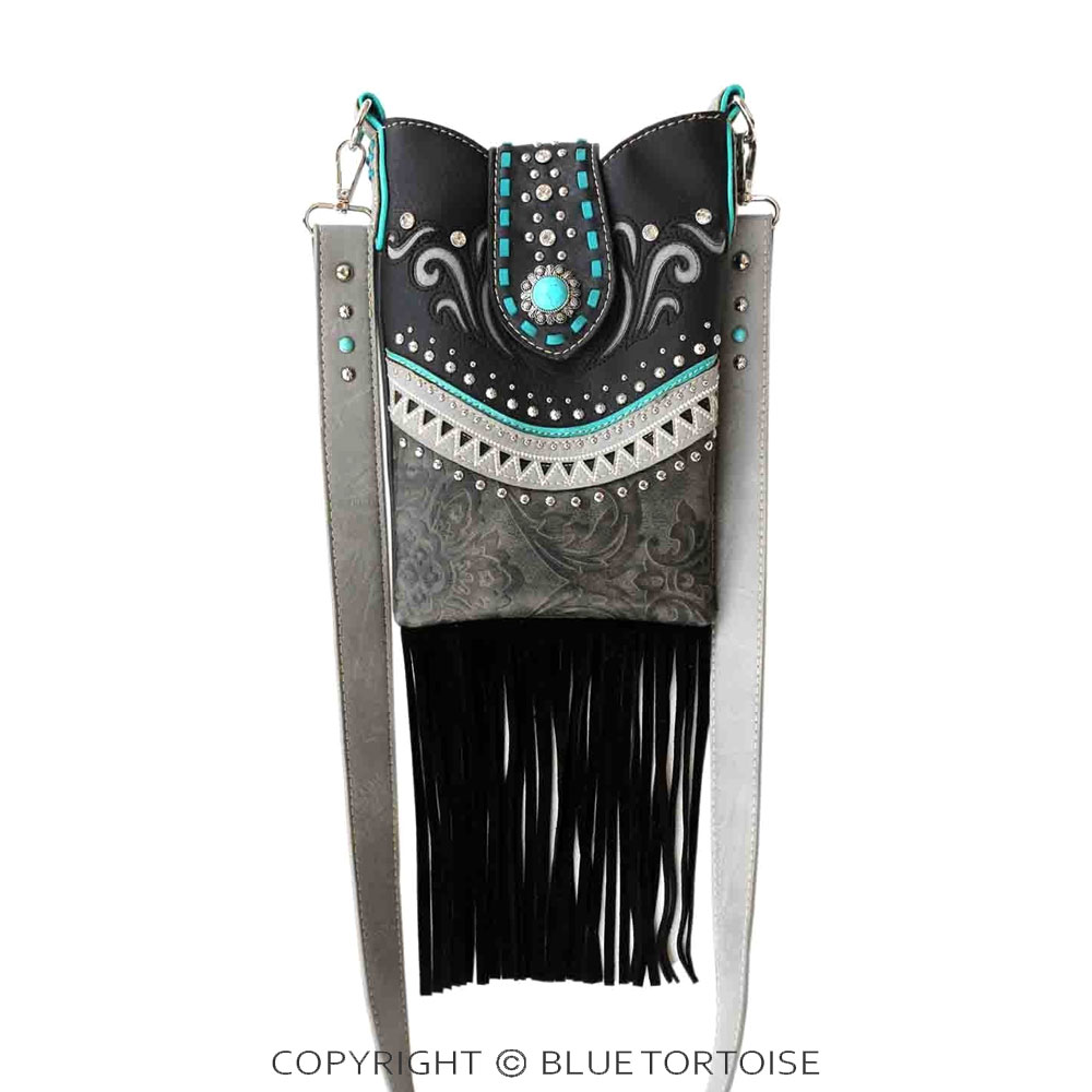 Western Faux Leather Turquoise Accent with Tassel Crossbody Bag