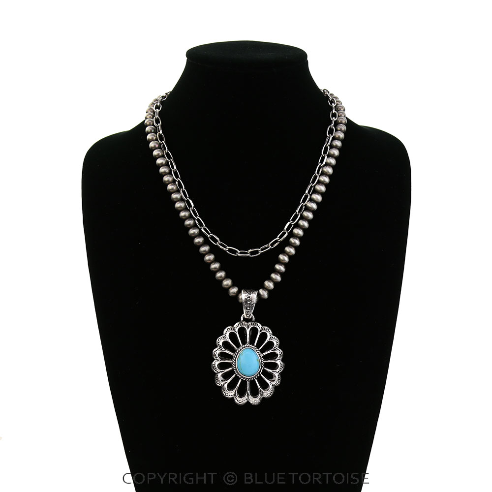 2 Layered Western Concho Stone Pendant Necklace - Image 2