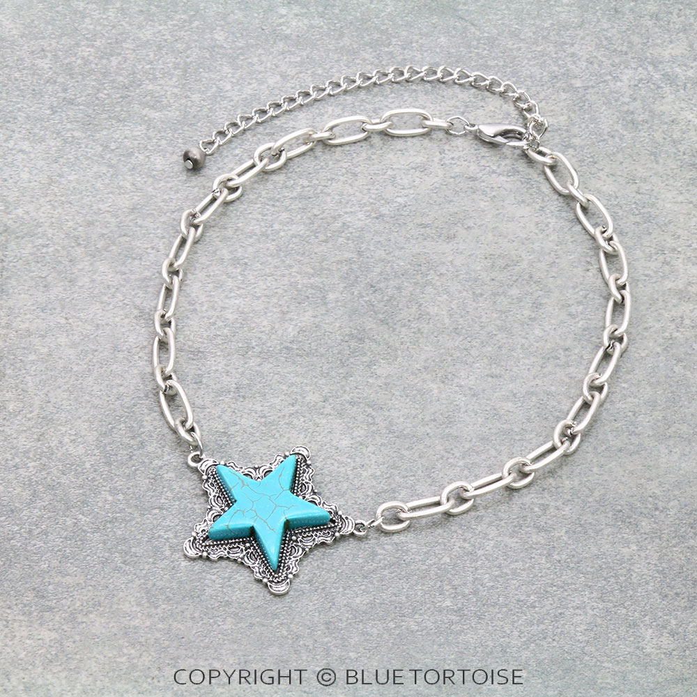 15" Long, Large Cable Chain Necklace, Lone Star Natural Stone Pendant