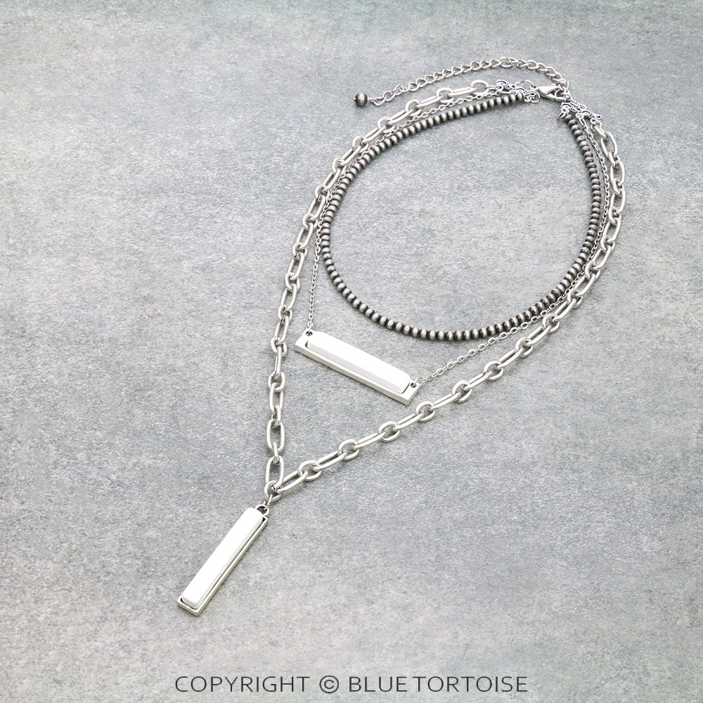 20" Long, Multi-strand Necklace, Bar Natural White Stone Pendants