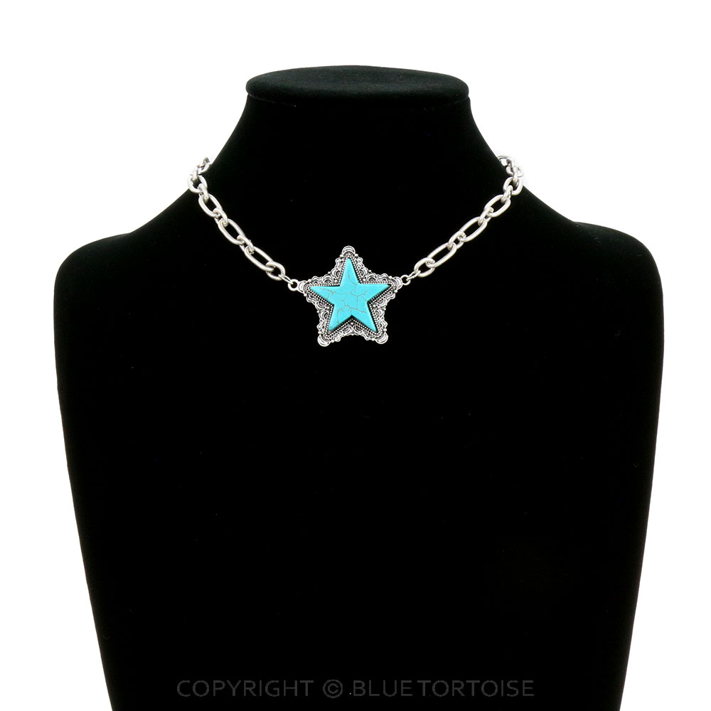 15" Long, Large Cable Chain Necklace, Lone Star Natural Stone Pendant - Image 2