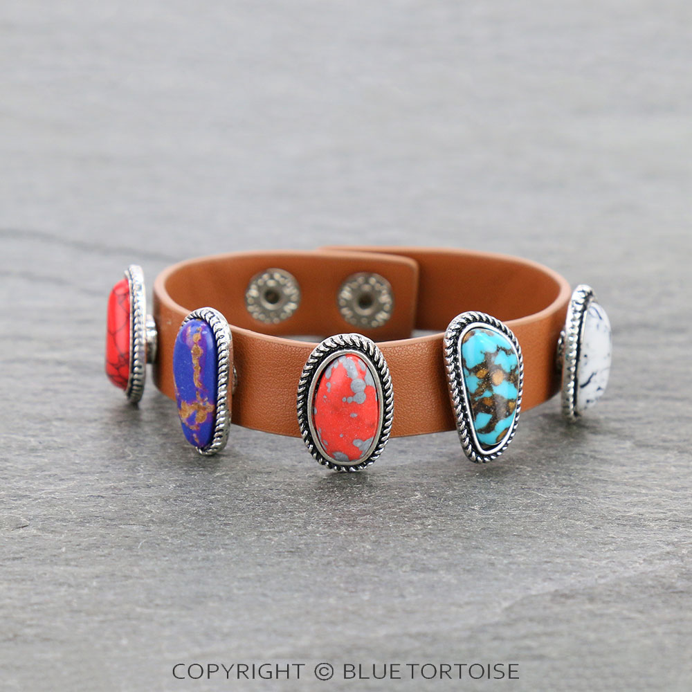 Western Handmade Stone with Leather Snap On Bracelet