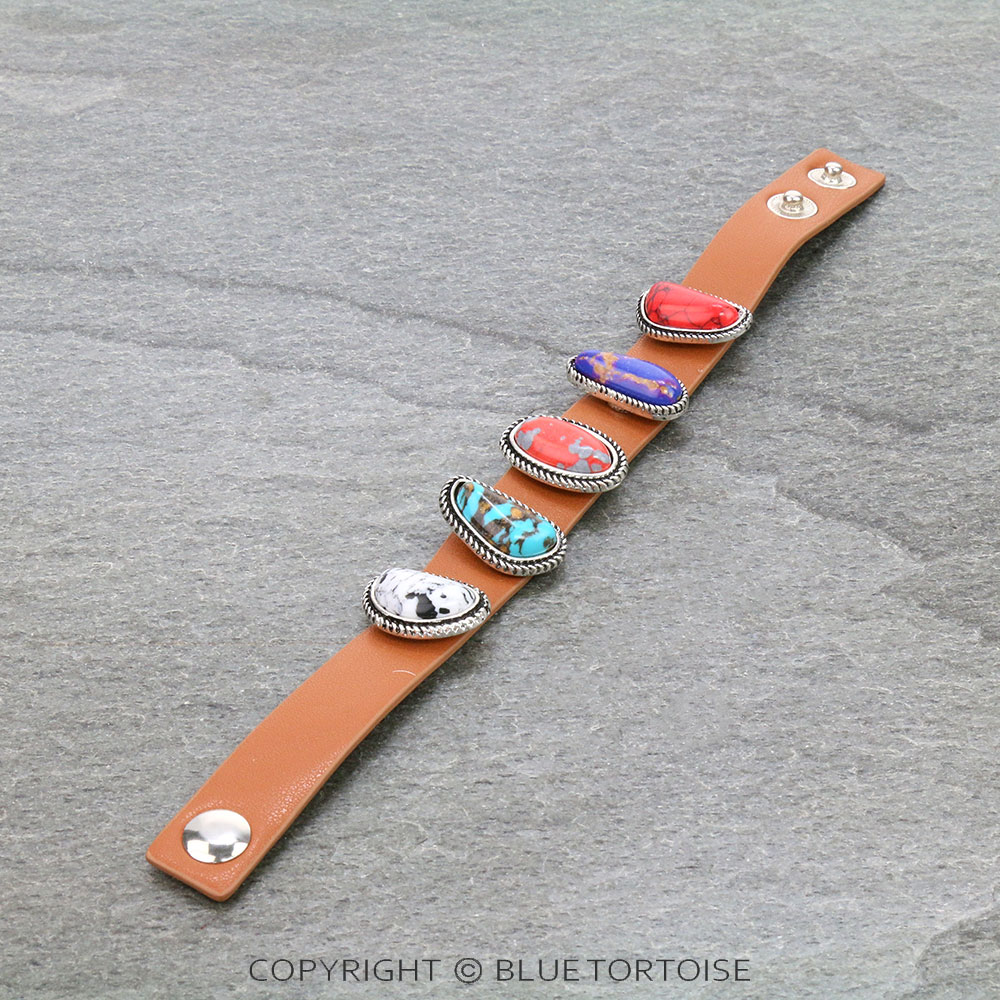 Western Handmade Stone with Leather Snap On Bracelet - Image 2