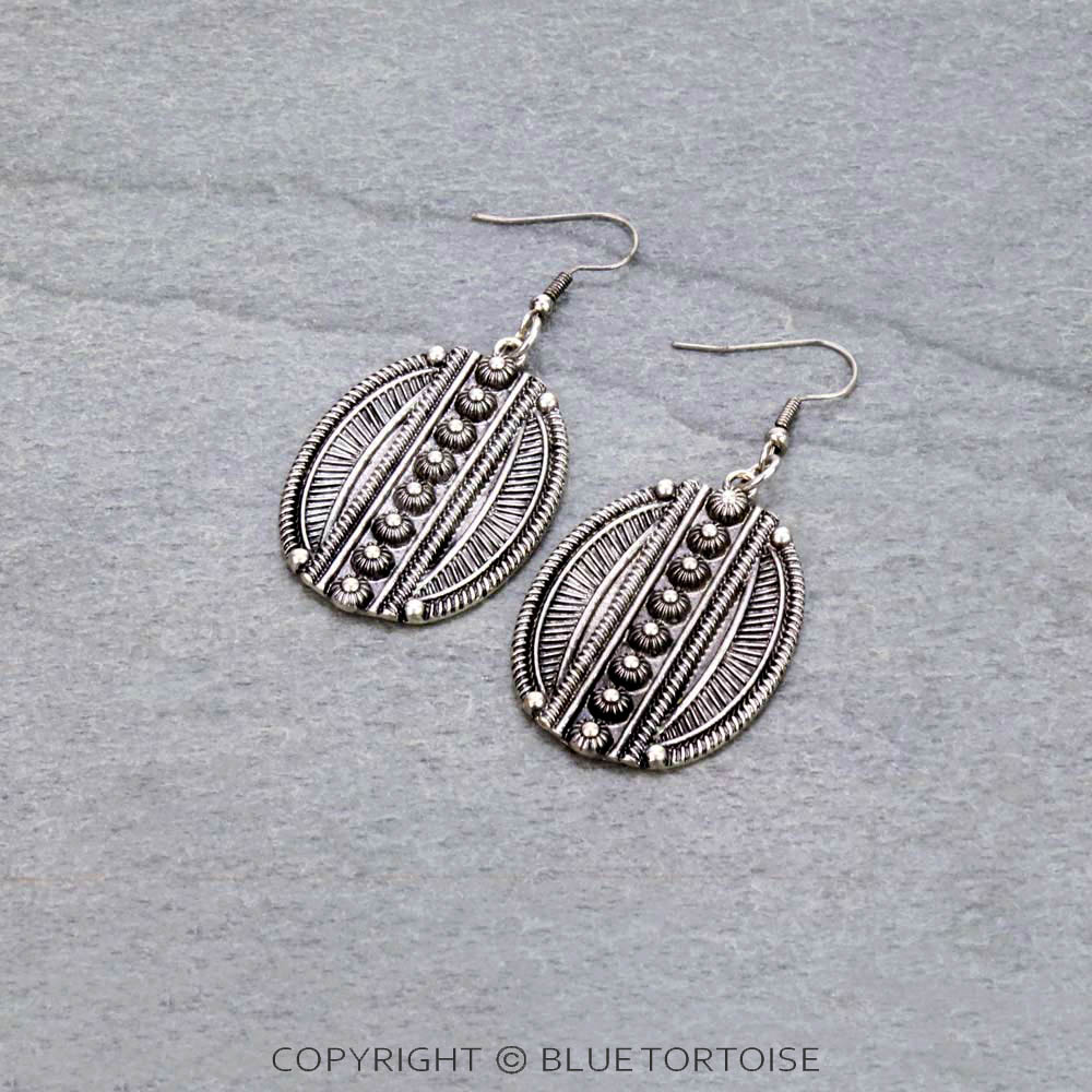 Western Oval Metal Concho Dangle Earrings