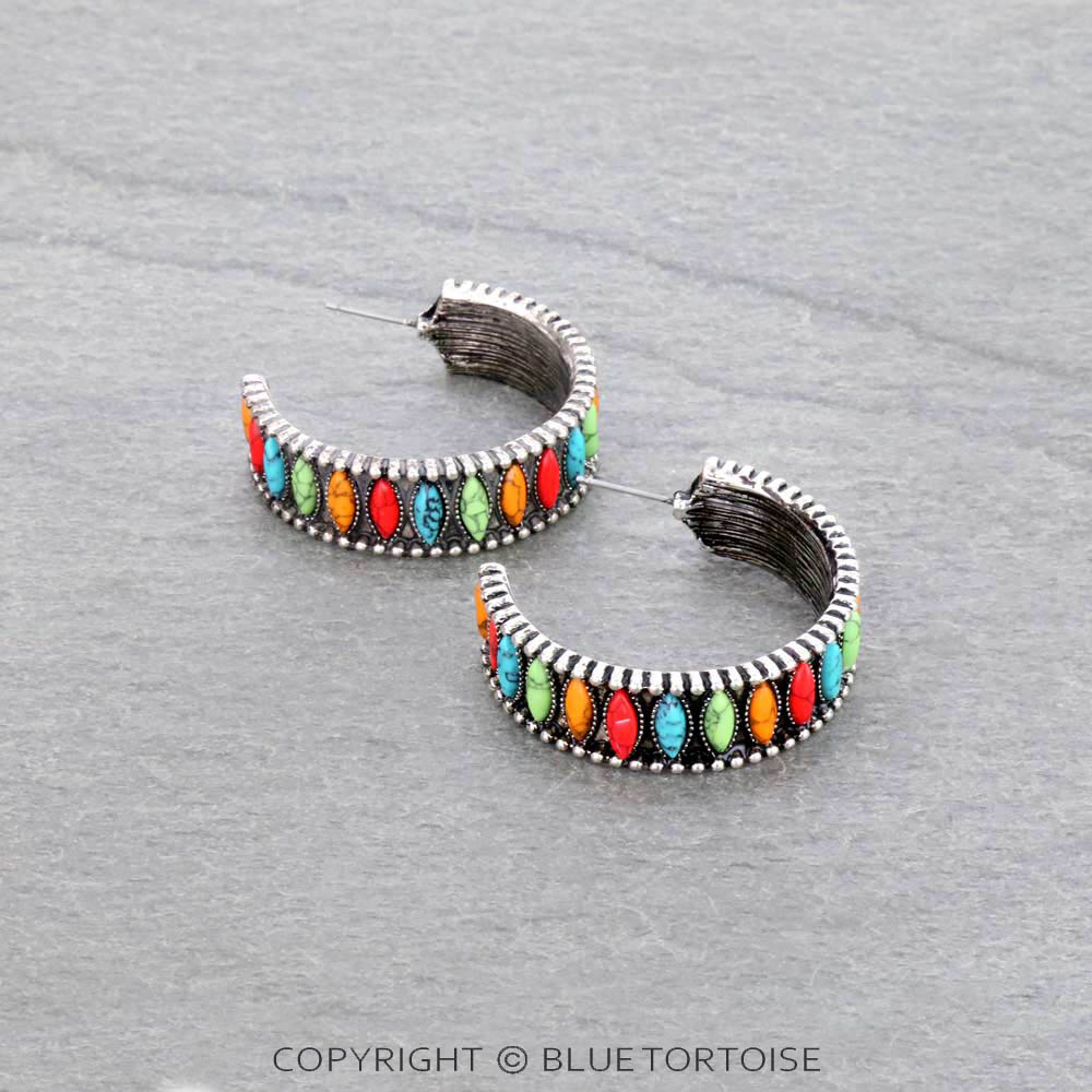 Western Semi Stone Hoop Earrings