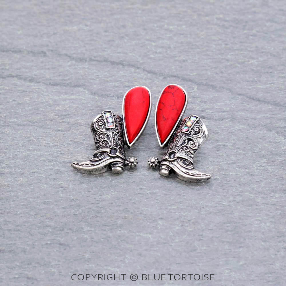1.5" Western Boots with Stone Stud Earrings