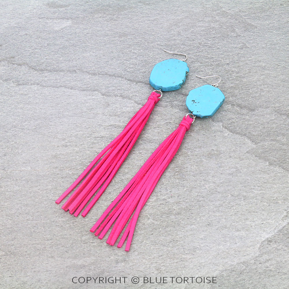 Western Slab Stone with Tassel Dangle Earrings