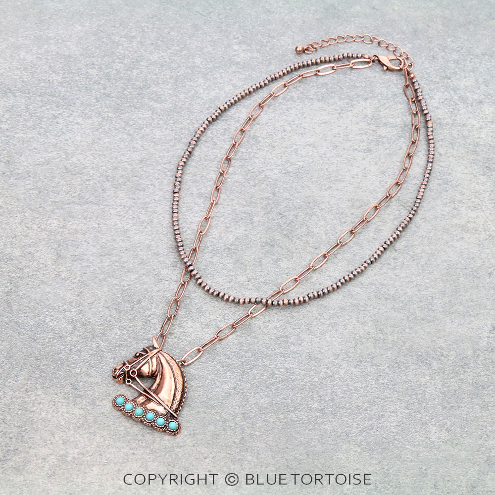 2 Row Navajo Style Pearl with Horse Pendant Necklace