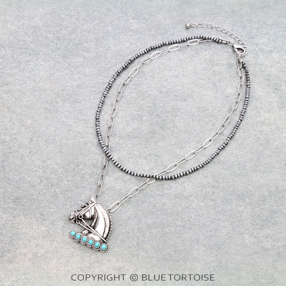 2 Row Navajo Style Pearl with Horse Pendant Necklace