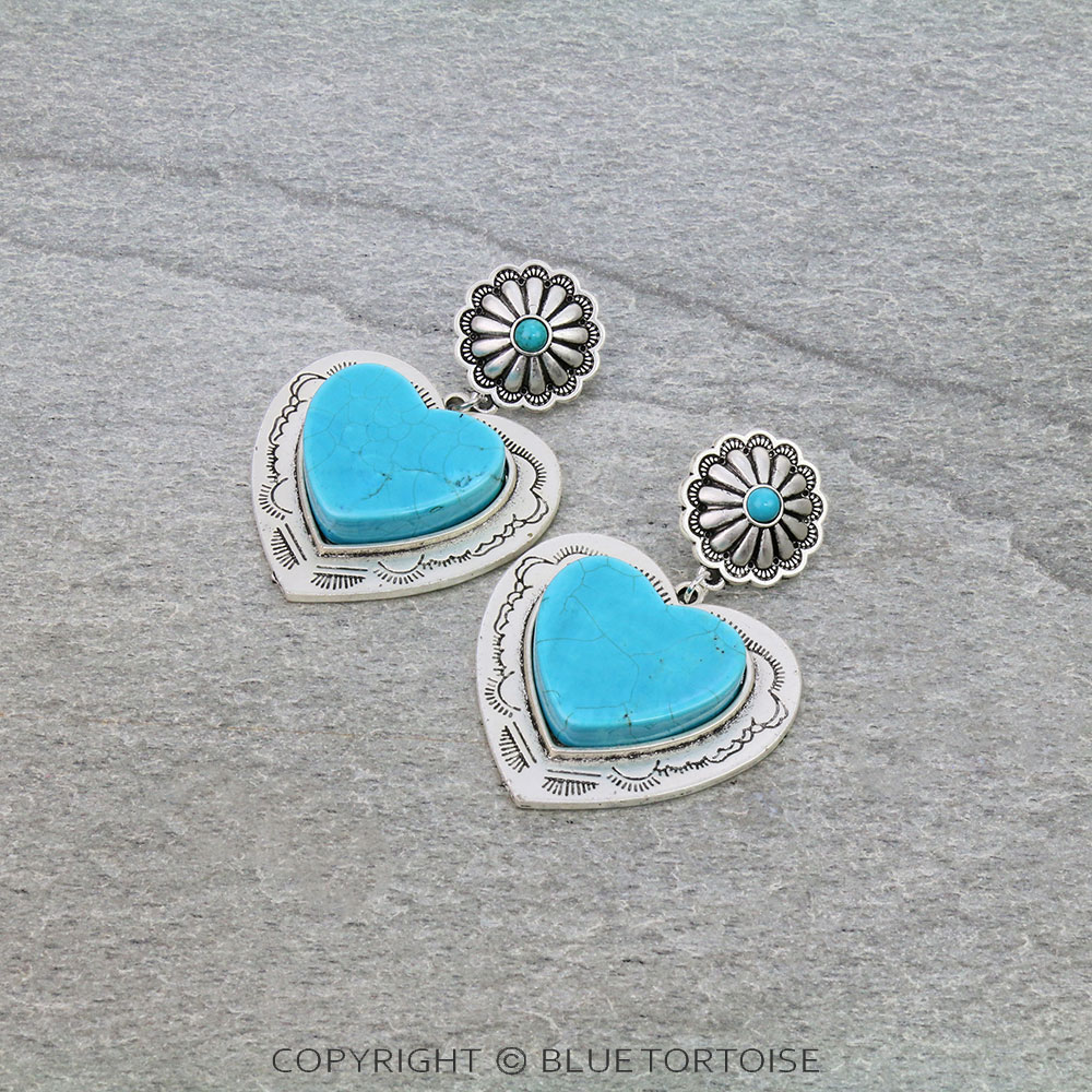 2.2" Long, Flat Top Natural Stone Heart Post Earrings