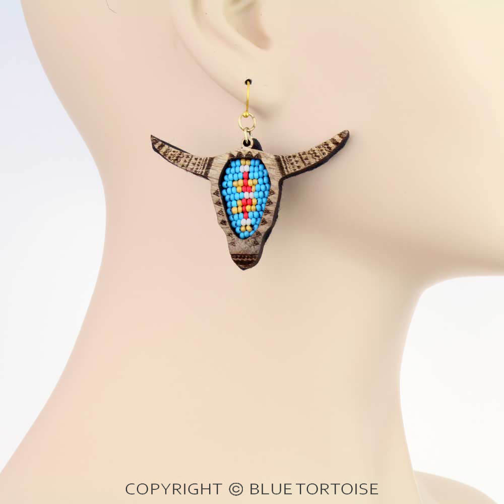Western Steer Skull with Seed Bead Dangle Earrings - Image 2