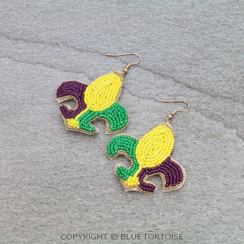 Mardi Gras Fleur De Lis Beaded Dangle Earrings