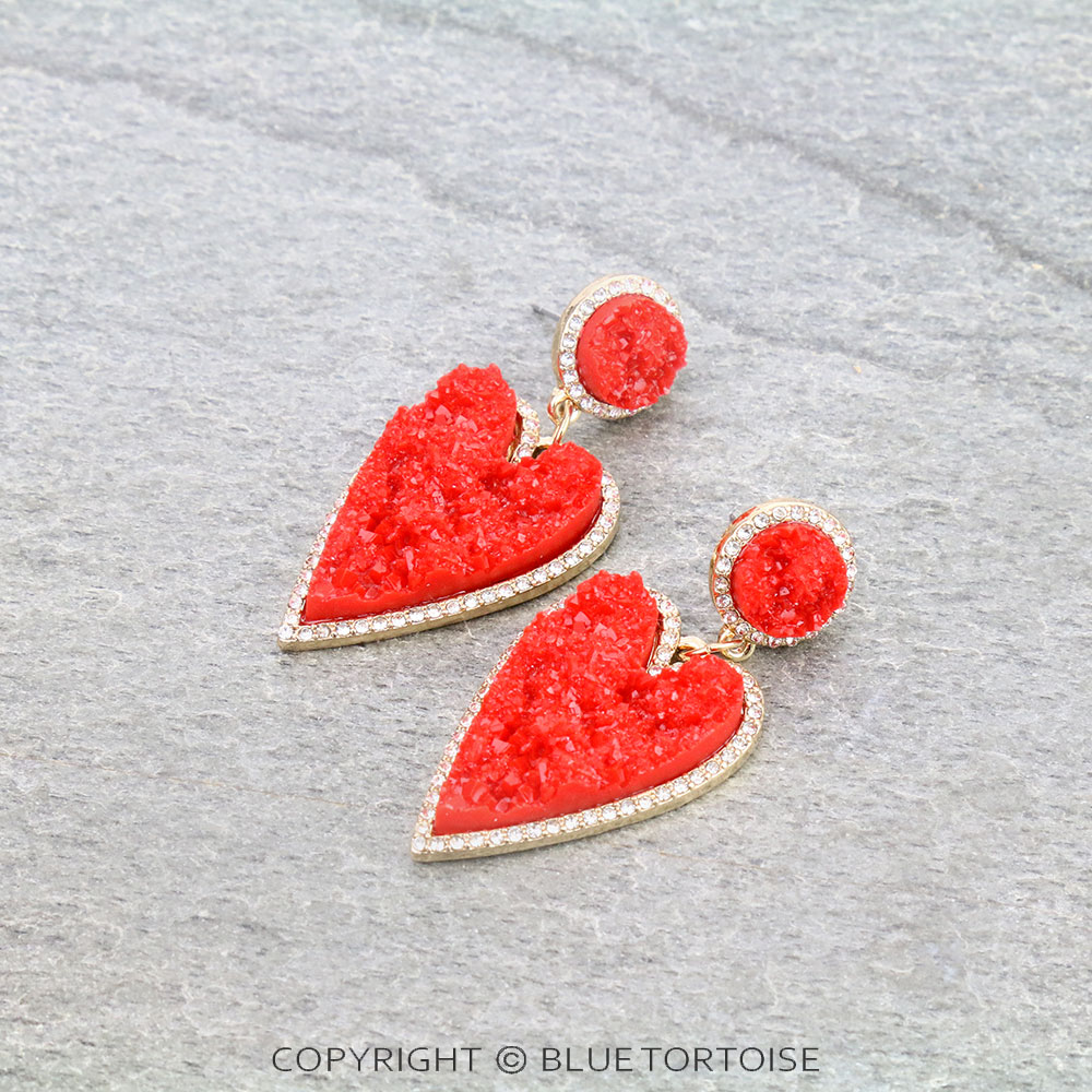 2" Heart Druzy Stone Stud Earrings
