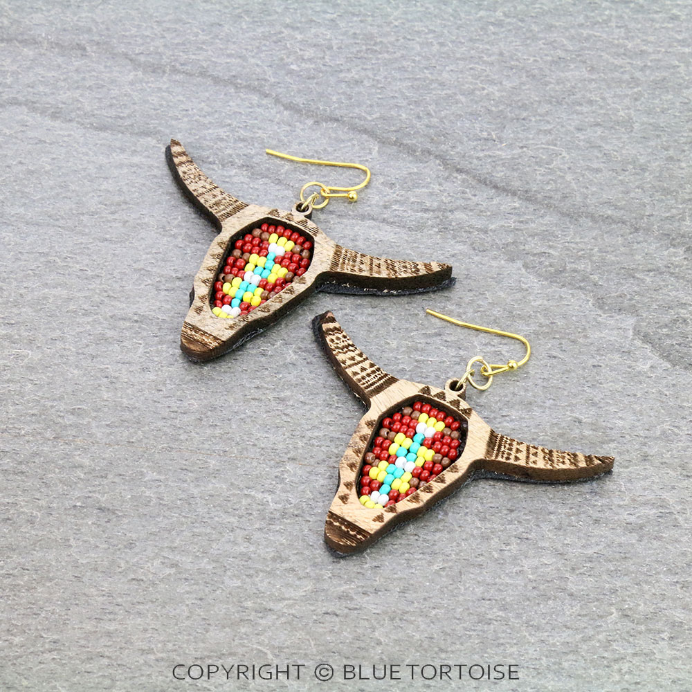 Western Steer Skull with Seed Bead Dangle Earrings