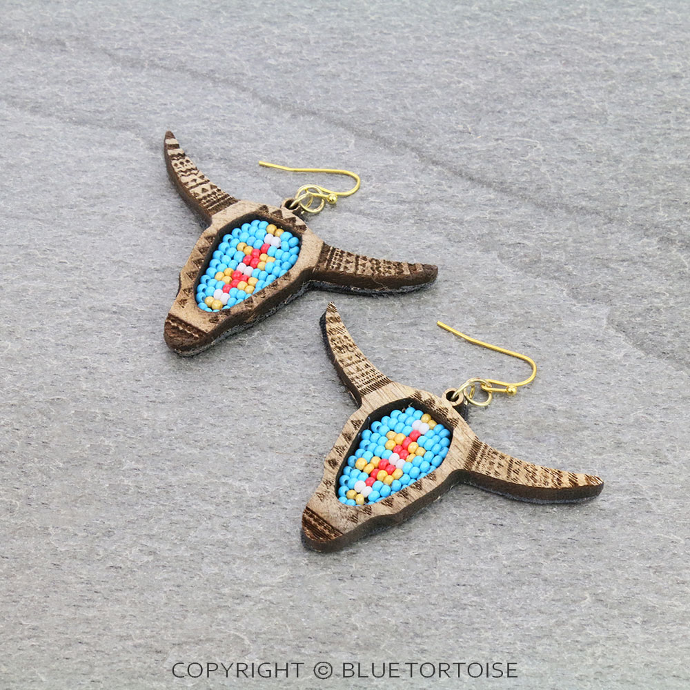 Western Steer Skull with Seed Bead Dangle Earrings
