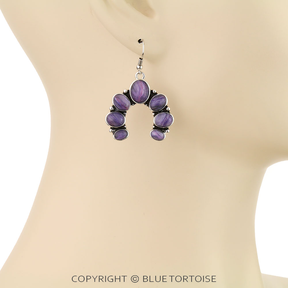 1.75" Squash Blossom Agate Stone Dangle Earrings - Image 2