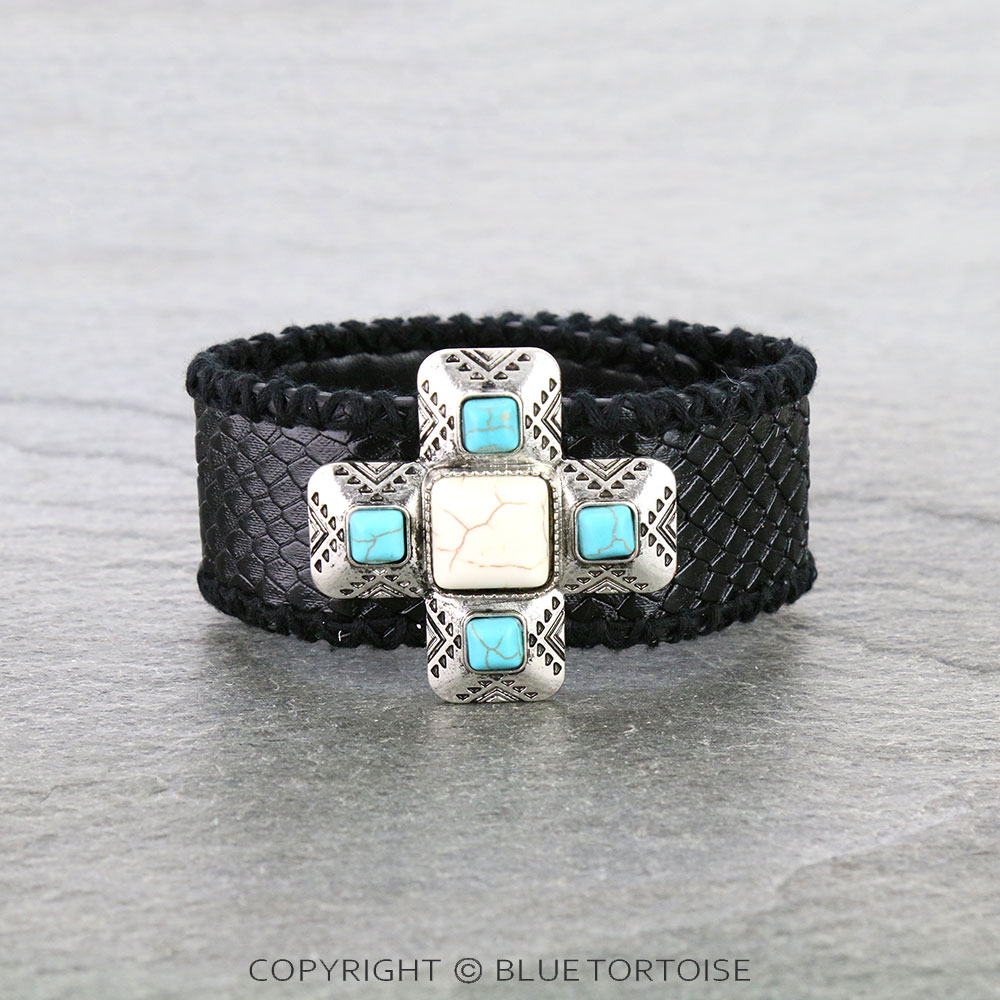 Western Synthetic Leather with Cross Snap On Bracelet