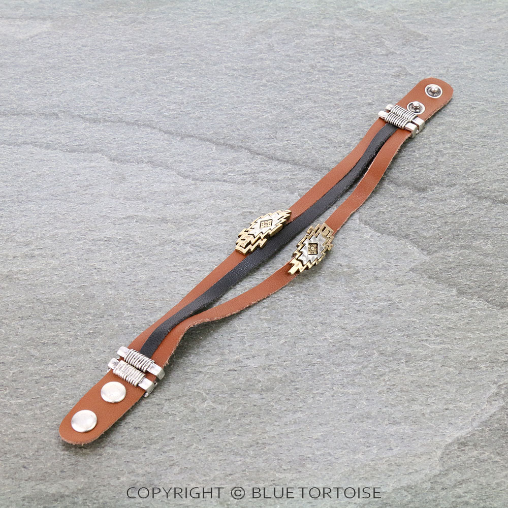 Western Aztec Style Leather Snap On Bracelet