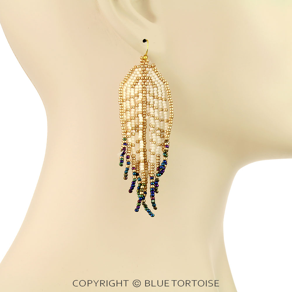 3.25" Feather Seed Bead Fringe Dangle Earrings - Image 2