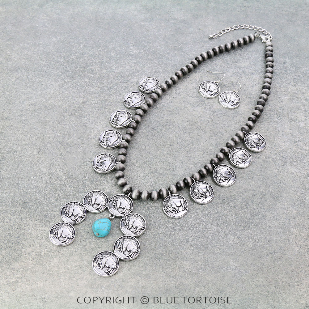 Western Buffalo Coin Squash Blossom Necklace Set