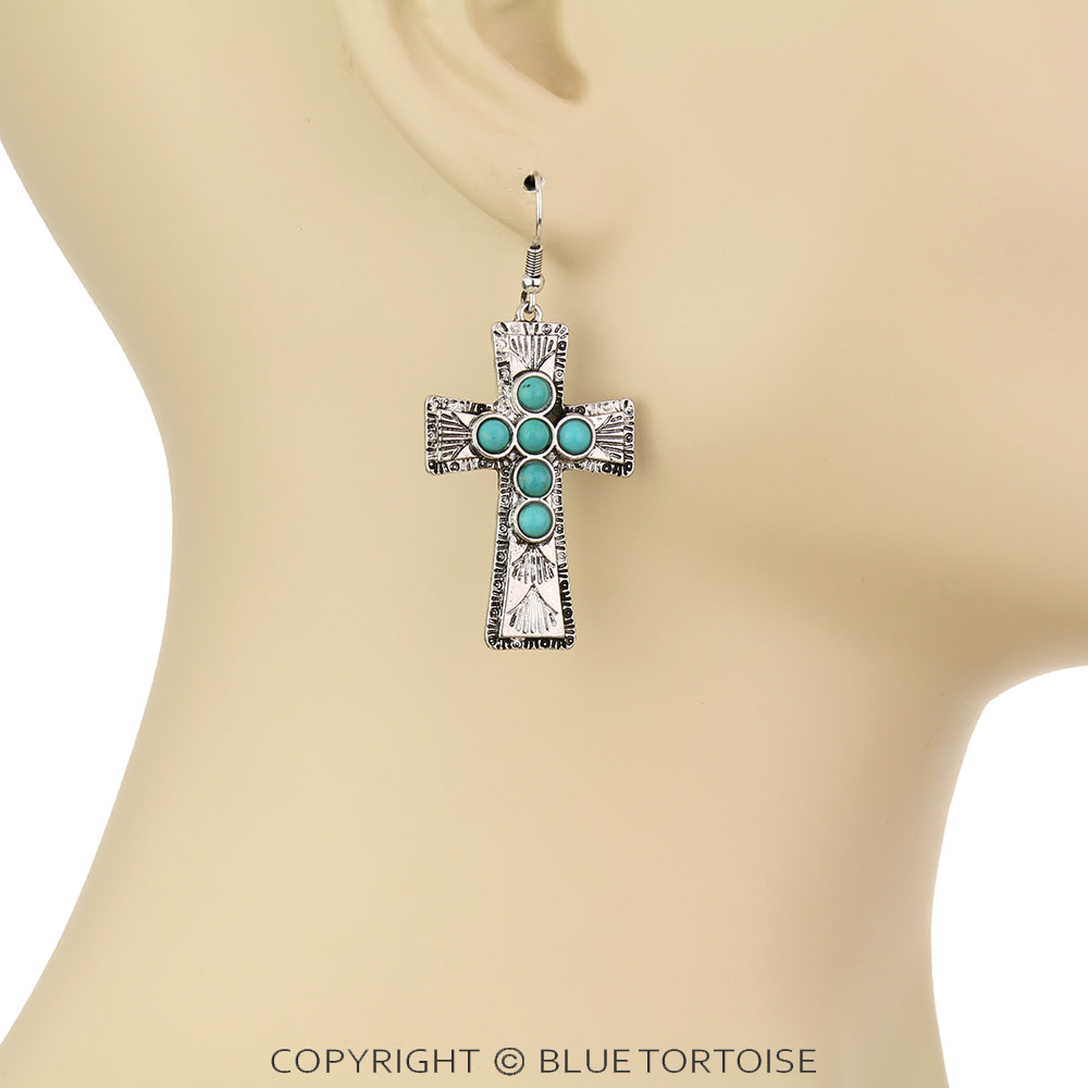 Western Cross Stone Dangle Earrings - Image 2