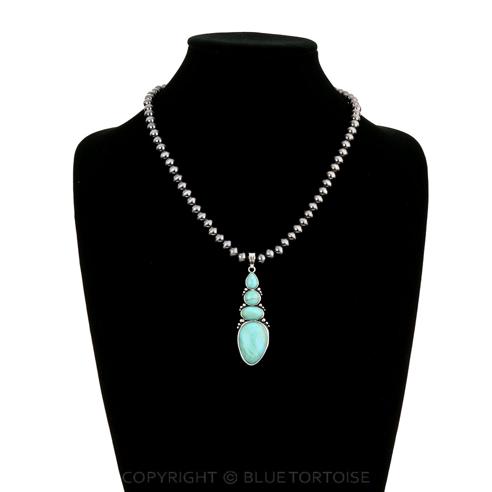 Navajo Style Pearl with Agate Stone Pendant Necklace - Image 2