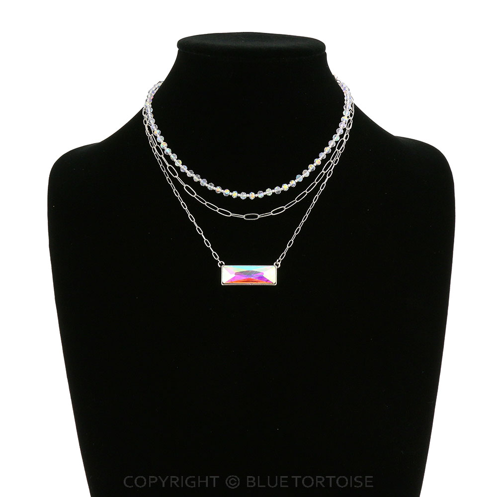 3 Row Glass Bead and Chain with Bar Pendant Necklace - Image 2