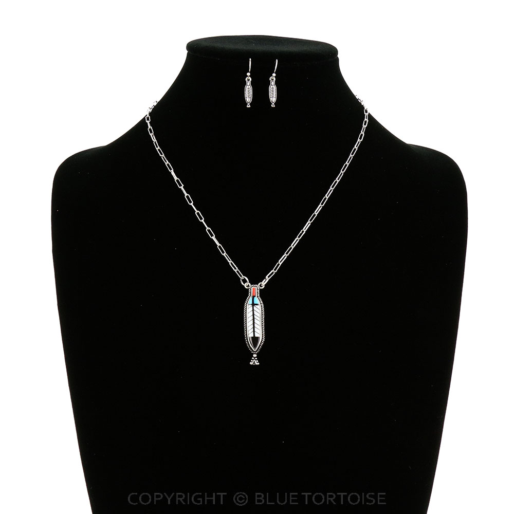 Western Tribal Design Feather Necklace Set - Image 2