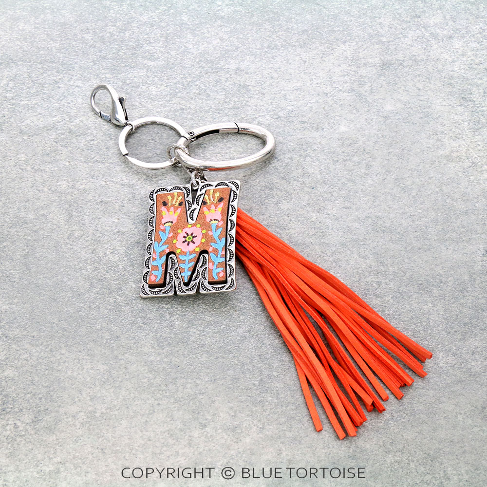 Floral Pattern Initial "M" Tassel Keychain