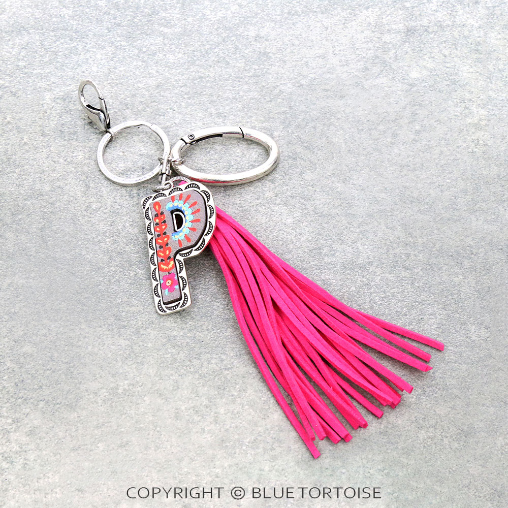 Floral Pattern Initial "P" Tassel Keychain