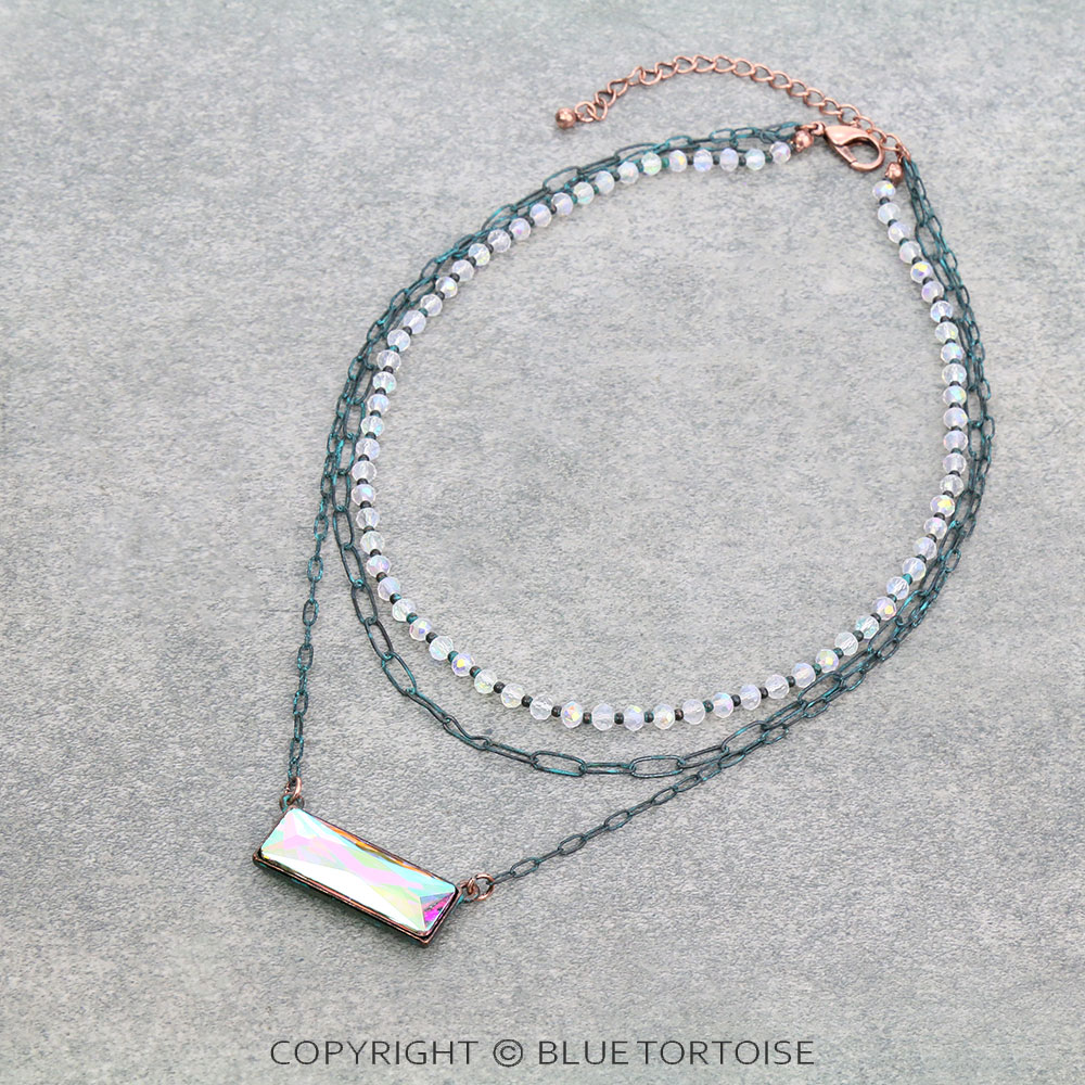 3 Row Glass Bead and Chain with Bar Pendant Necklace