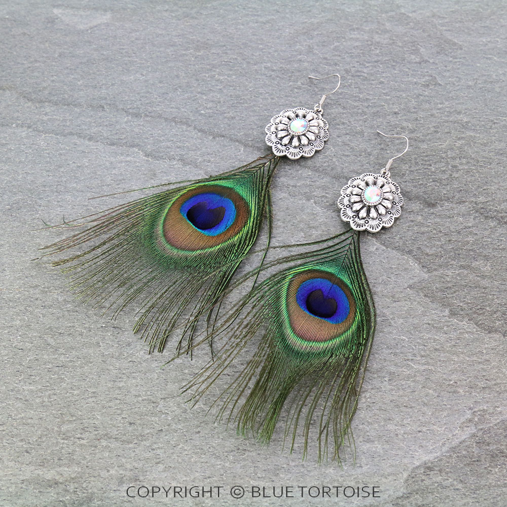 5" Western Concho with Peacock Feather Dangle Earrings