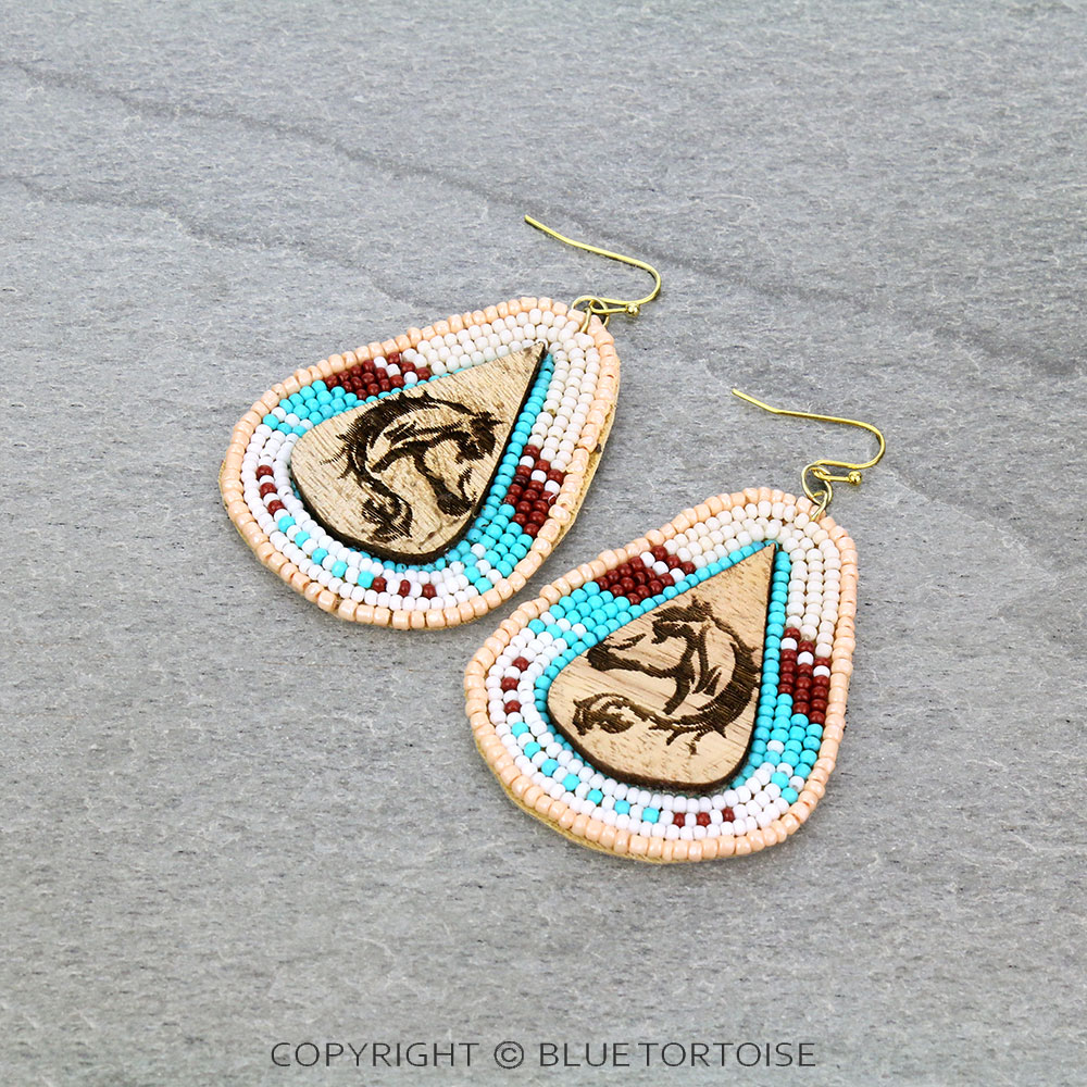 Western Horse Print Wood with Seed Bead Dangle Earrings
