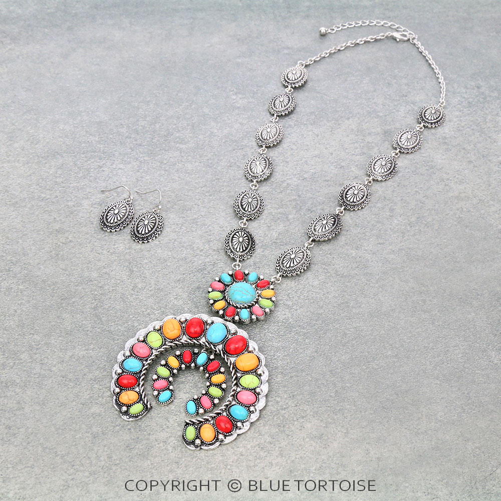 Western Squash Blossom Stone Pendant Necklace Set