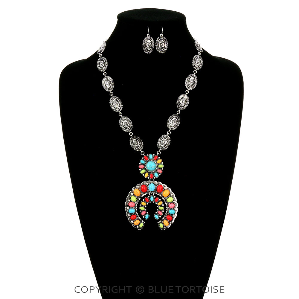 Western Squash Blossom Stone Pendant Necklace Set - Image 2