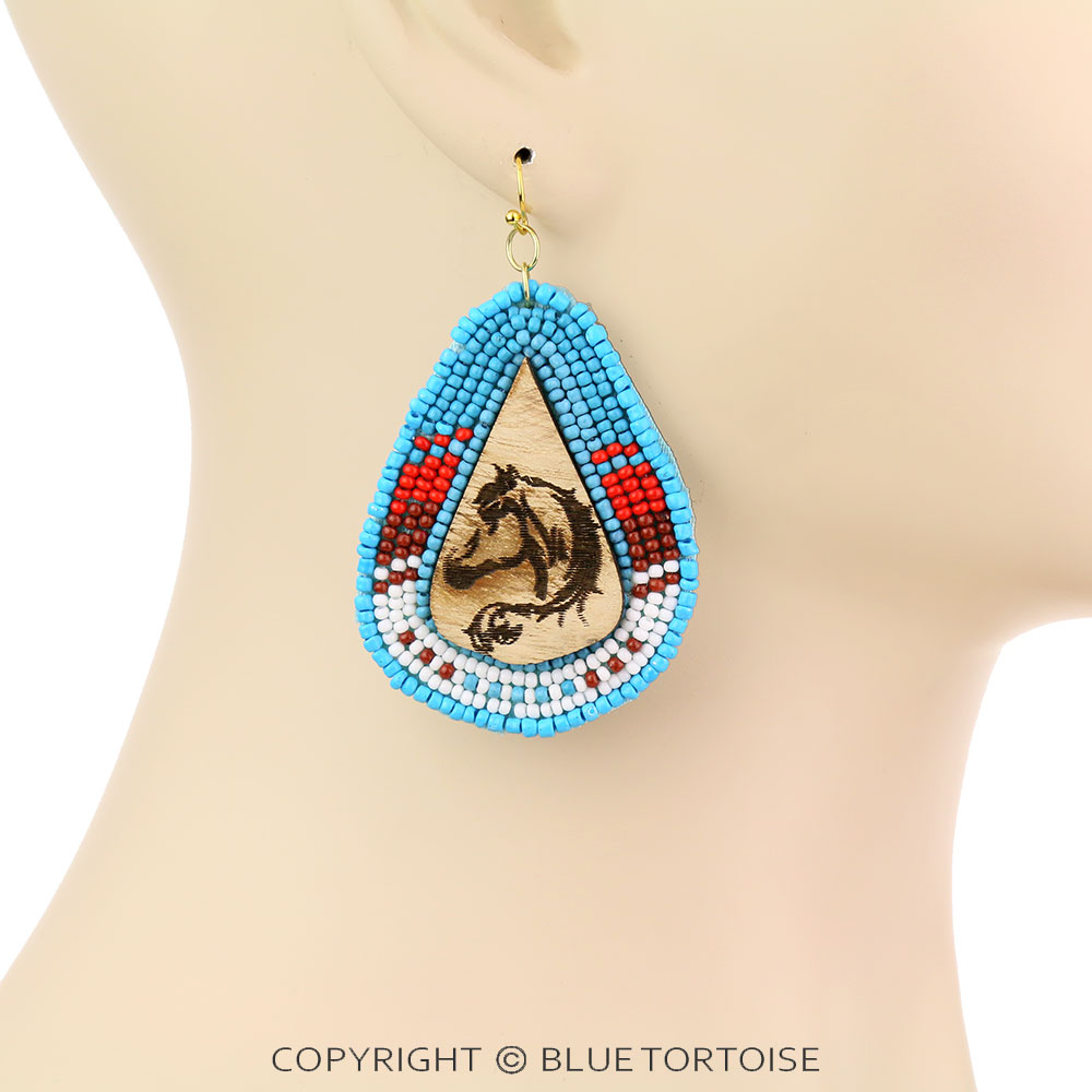 Western Horse Print Wood with Seed Bead Dangle Earrings - Image 2