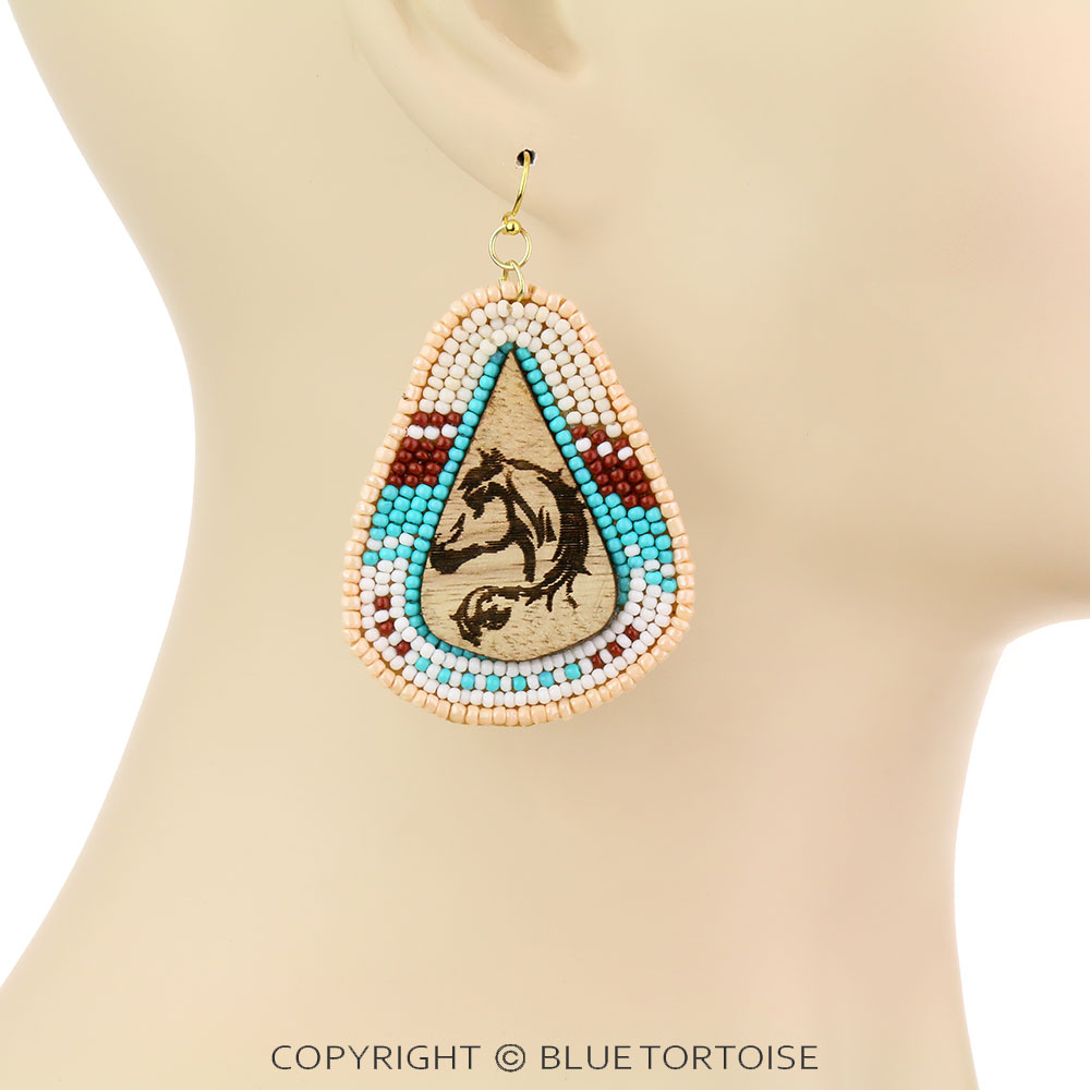 Western Horse Print Wood with Seed Bead Dangle Earrings - Image 2