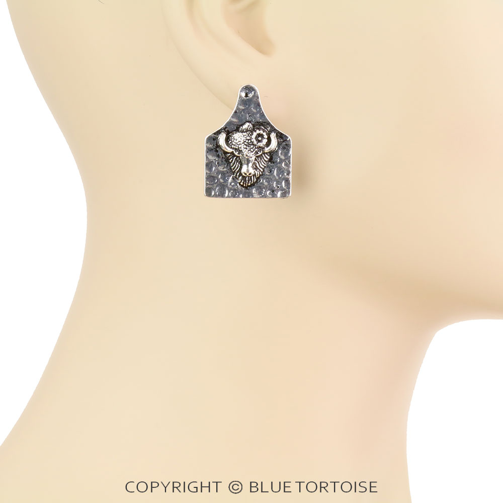 Hammered Texture Buffalo Cow Tag Stud Earrings - Image 2