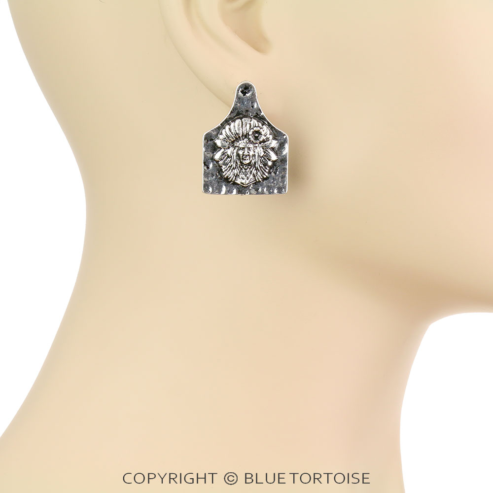 Hammered Texture Indian Head Cow Tag Stud Earrings - Image 2