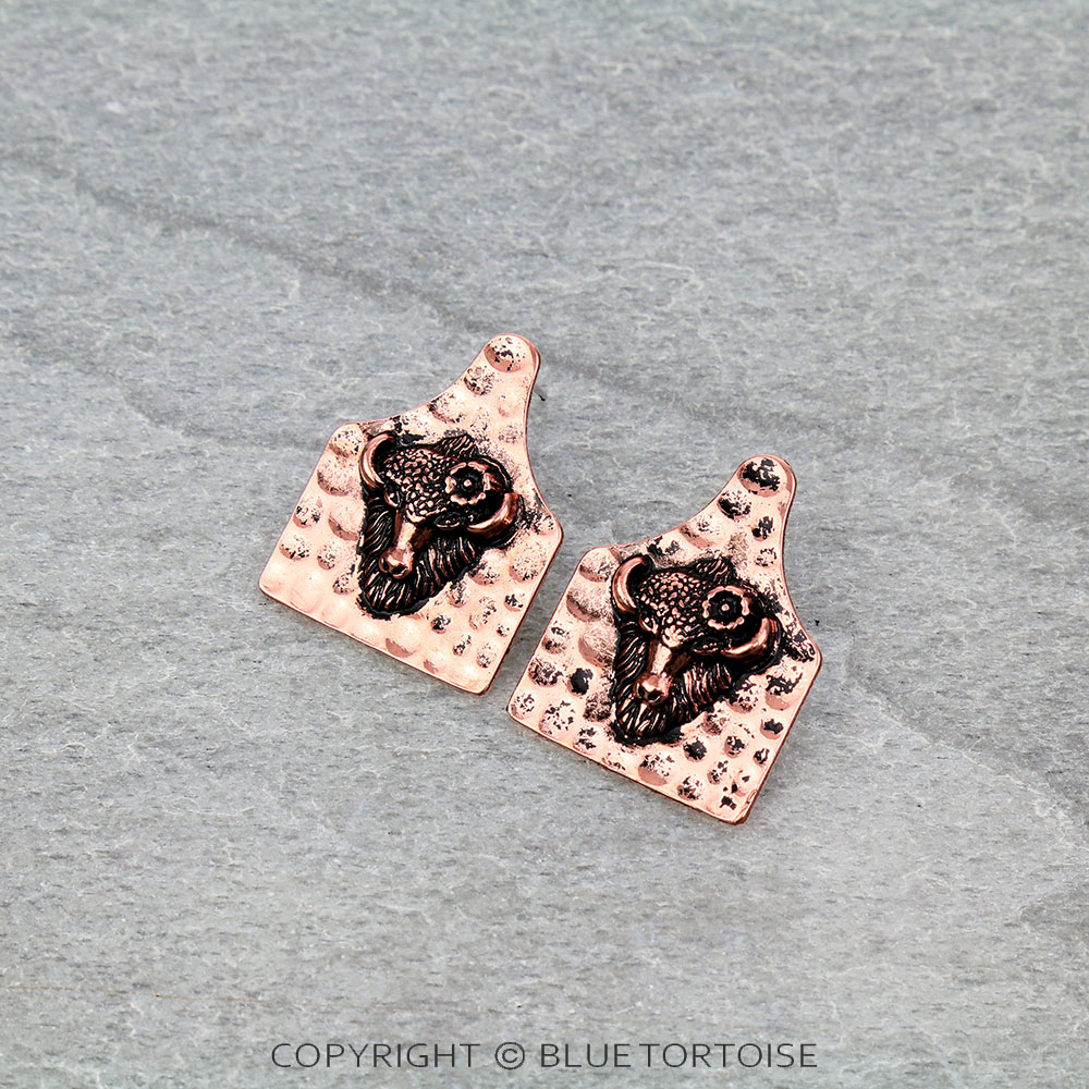 Hammered Texture Buffalo Cow Tag Stud Earrings