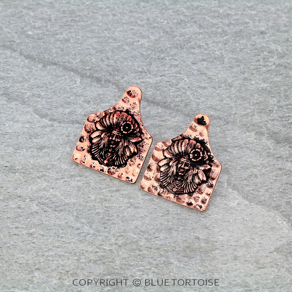 Hammered Texture Indian Head Cow Tag Stud Earrings